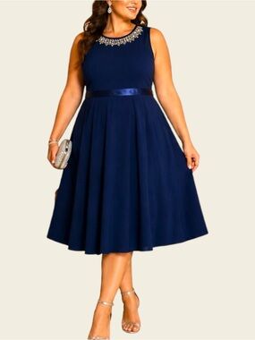 Blooming Rose - Navy Sleeveless Midi Dress - Elegant Cocktail Party Wedding 2X
